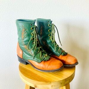 Laredo 💚 Cowgirl Boots Green Leather Country Western Roper Lace-Up Boots
